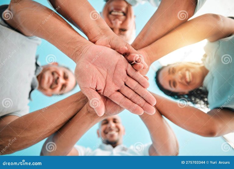 Happy Family, Trust and Hands Together Below for Teamwork